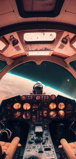 Futuristic spaceship cockpit overlooking Earth and space.