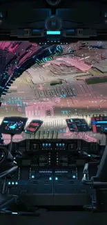 Futuristic spaceship cockpit with detailed control panels and cosmic view.