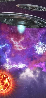 Spaceship galaxy art with nebula and vibrant cosmic colors.