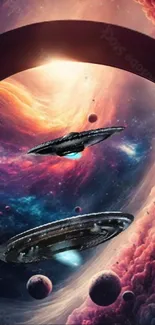 Futuristic spaceships soaring through a vibrant galaxy.
