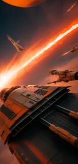 Futuristic spaceship in glowing orange space battle scene.