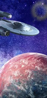 Futuristic spaceship and planet in vibrant galaxy.