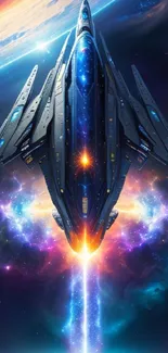 Futuristic spaceship traveling through a vivid galaxy in deep space.