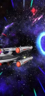 Futuristic spaceship in a vibrant galaxy with dynamic warp effects.