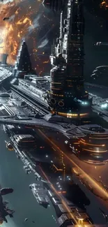 Futuristic spaceship in a cosmic scene with vibrant lighting.