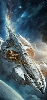 Futuristic spaceship soaring through a starry galaxy.