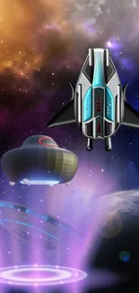 Futuristic spaceship flying in a colorful galaxy with planets.