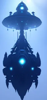 Futuristic spaceship hovering in a bright blue sky with glowing elements.