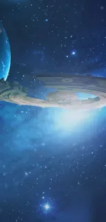 Futuristic spaceship cruising through a starry galaxy.