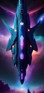 Futuristic spaceship soaring through a colorful and vibrant galaxy scene.