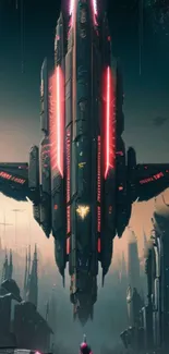 Futuristic spaceship flies over neon cityscape at dusk.