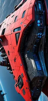 A vibrant red spaceship orbiting Earth in a futuristic sci-fi scene.