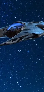 Futuristic spaceship gliding through starry space.