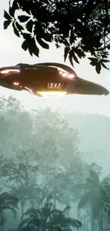 Sleek spaceship hovering over a misty jungle backdrop.