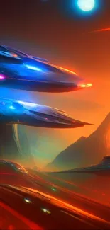 Futuristic spaceships soar above a vibrant alien landscape with a glowing orange sky.