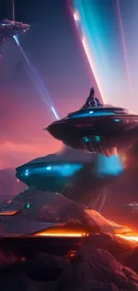 Futuristic landscape with glowing spaceships and vibrant neon colors.