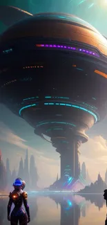 Futuristic landscape with spaceship and alien planet.