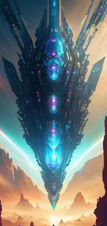 Futuristic spaceship in cosmic landscape art.