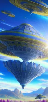 Futuristic flying saucers over a sunny mountain landscape wallpaper.