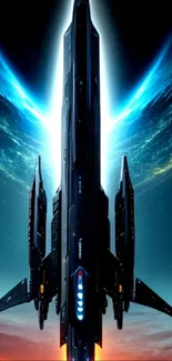 Futuristic spaceship launching into a cosmic sky, ideal for sci-fi fans.