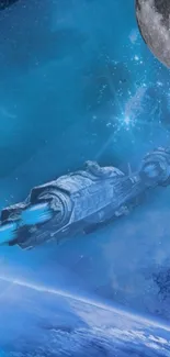 Futuristic spaceship flies through a blue cosmic backdrop.