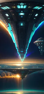 Futuristic spaceship hovering in cosmic space.