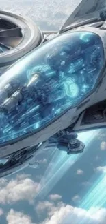 Futuristic spaceship soaring through the sky, emitting bright blue light.