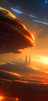 Futuristic spaceship at sunset with orange hues.