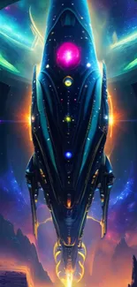 Futuristic spaceship against cosmic backdrop with vibrant colors.