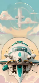 Retro futuristic spaceship soaring through pastel clouds.