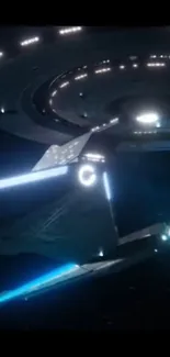 Futuristic spaceship flying through dark space with lights.