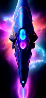 Futuristic spaceship with neon colors against a cosmic galaxy background.