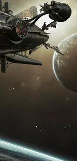 Futuristic spaceship flying near distant planets in space.