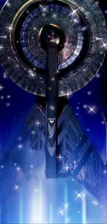 Futuristic spaceship against starry night background.