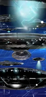 Futuristic spaceship design with blue cosmic background.