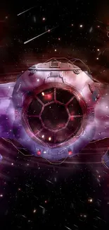 Colorful, futuristic spaceship in space with nebula backdrop.