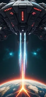 Futuristic spaceship soaring above Earth with glowing trails.