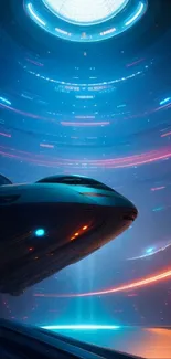 Futuristic spaceship in neon-lit space with cosmic elements.