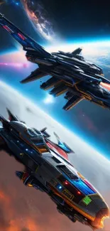 Futuristic spaceships soar through cosmic space with vibrant colors.