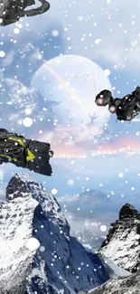 Spaceships flying over snowy mountains with a sci-fi theme.