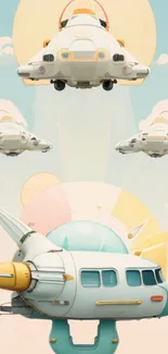 Futuristic spaceships float in a pastel sky, creating a whimsical scene.