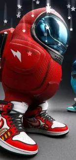 Vibrant futuristic spacesuit with sneakers and stars in red design.