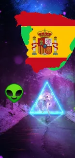 Futuristic neon landscape with Spanish flag and alien.