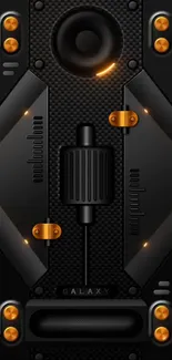 Futuristic phone wallpaper with black metallic speaker design and orange accents.