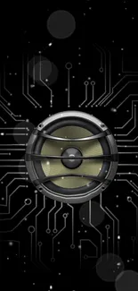 Futuristic wallpaper featuring a speaker and circuit patterns on a black background.