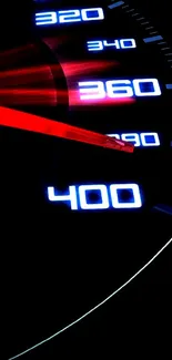 Futuristic speedometer with glowing numbers and red needle on black background.