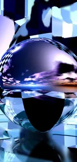 Futuristic abstract wallpaper with reflective sphere and blue hues.