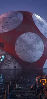 Futuristic scene with giant sphere on water.