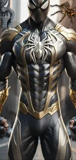 Futuristic superhero with spider-themed armor in a cityscape.