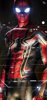 Futuristic spider hero with glowing eyes and red-black armor.